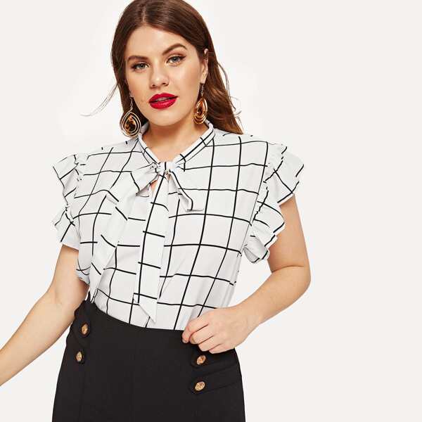

Plus Tie Neck Ruffle Trim Grid Blouse