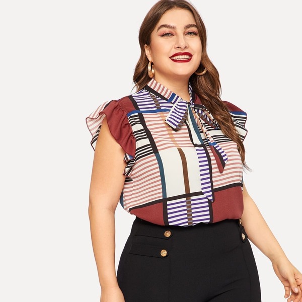 

Plus Tie Neck Mixed Print Ruffle Trim Top