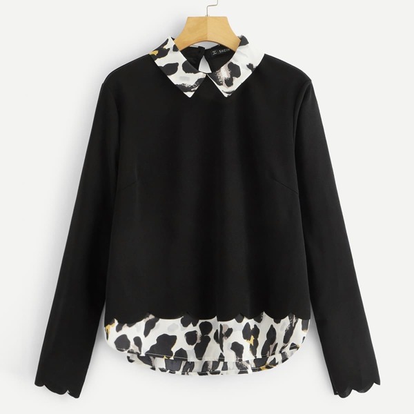 

Scallop Trim Contrast Leopard Top