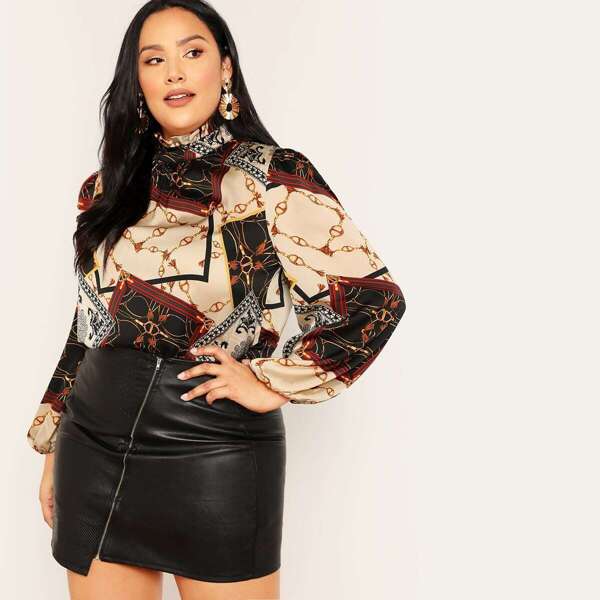 

Plus Frilled Neck Lantern Sleeve Scarf Print Blouse