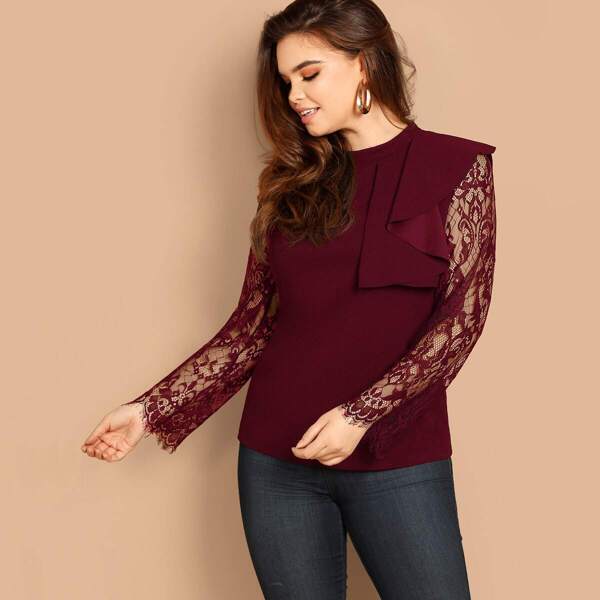 

Plus Zip Back Ruffle Trim Lace Sleeve Blouse