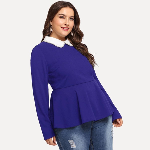 

Plus Contrast Collar Pearls Beaded Trim Peplum Top