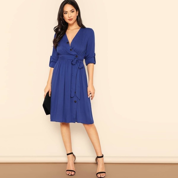 

Roll Up Sleeve Buttoned Wrap Dress With Belt