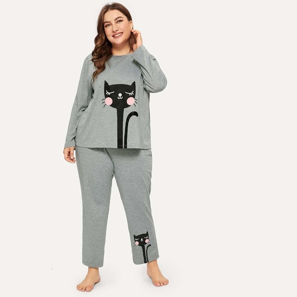 

Plus Cat Print Top & Pants PJ Set