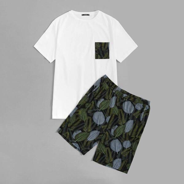 

Men Single Pocket Top & Tropical Shorts PJ Set, Multicolor