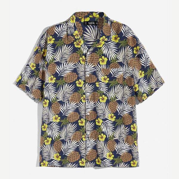 

Men Single Pocket Pineapple Print Shirt