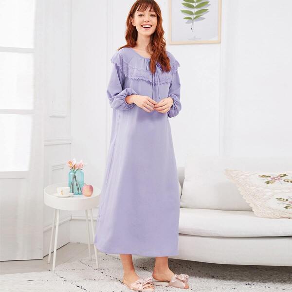 

Embroidered Flounce Neck Bishop Sleeve Nightdress