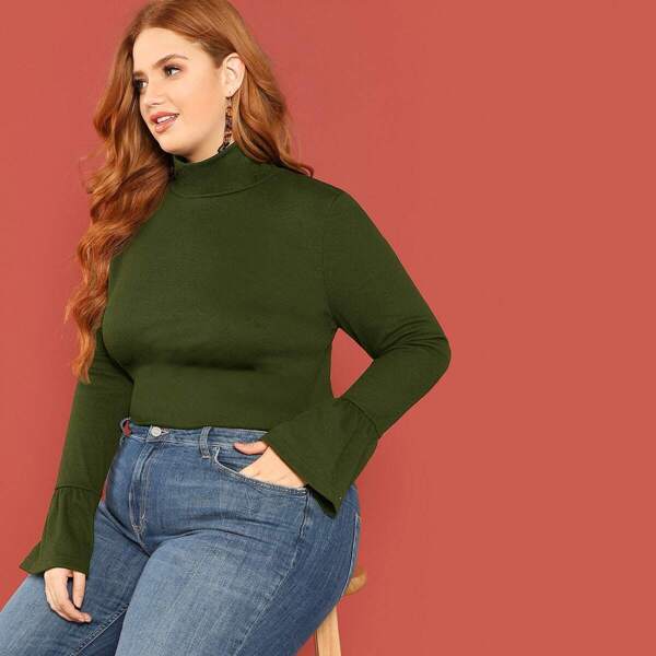 

Plus High Neck Bell Sleeve Solid Top