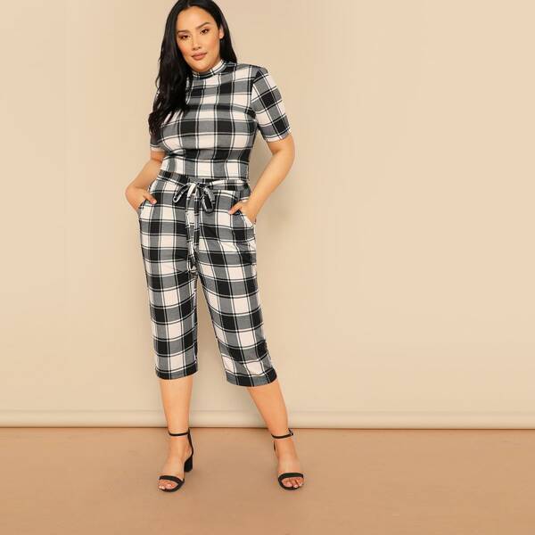 

Plus Mock Neck Plaid Top & Belted Pants Set