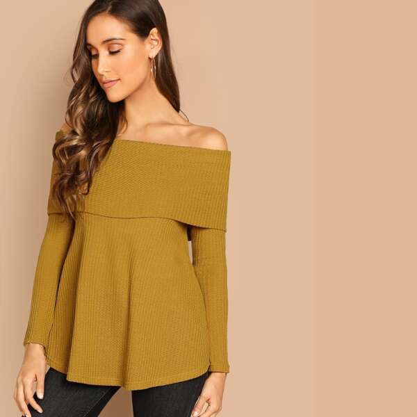 

Waffle Knit Foldover Front Bardot Top