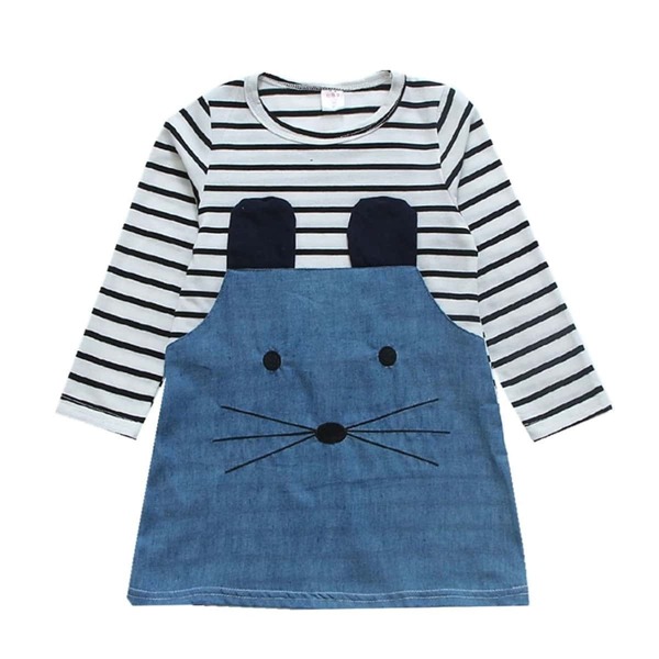 

Toddler Girls Contrast Denim Cartoon Pattern Striped Dress, Multicolor