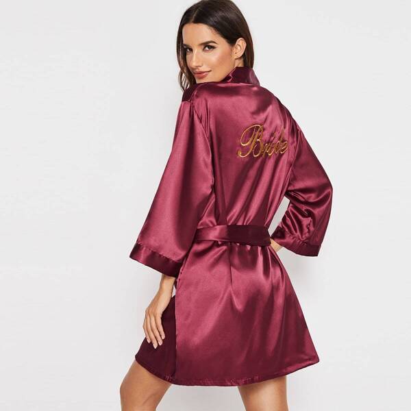 

Letter Embroidered Self Belted Satin Robe