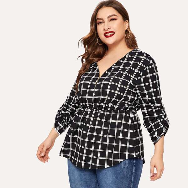 

Plus Plaid V-neck Blouse