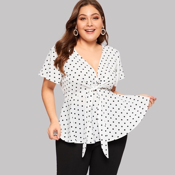 

Plus Polka Dot Knot Front Blouse, White
