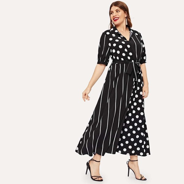 

Plus Polka Dot Striped Panel Shirt Dress, Black and white