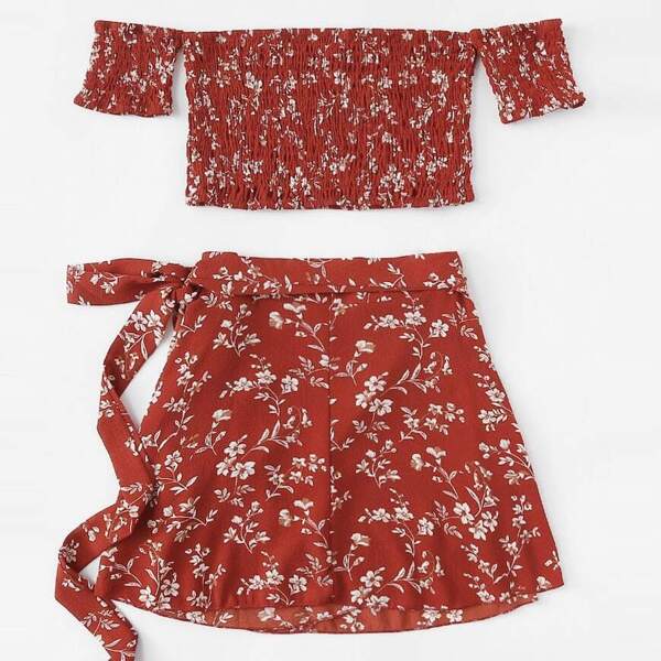 

Plus Floral Print Off Shoulder Top With Skirt, Multicolor