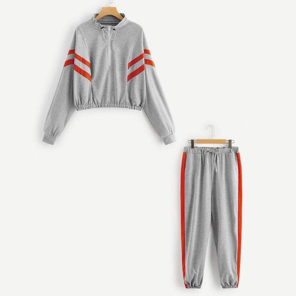 

Plus Contrast Panel Half Zip Sweatshirt With Drawstring Pants