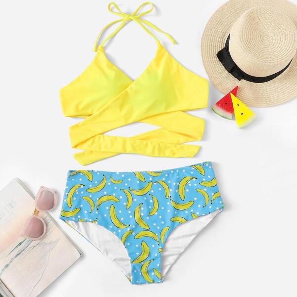 

Plus Wrap Top With Banana Print Bikini Set