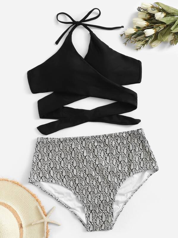 

Plus Wrap Top With Snake Print Bikini, Multicolor