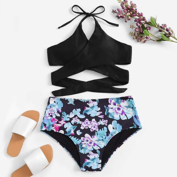 

Plus Wrap Top With Floral High Waist Bikini