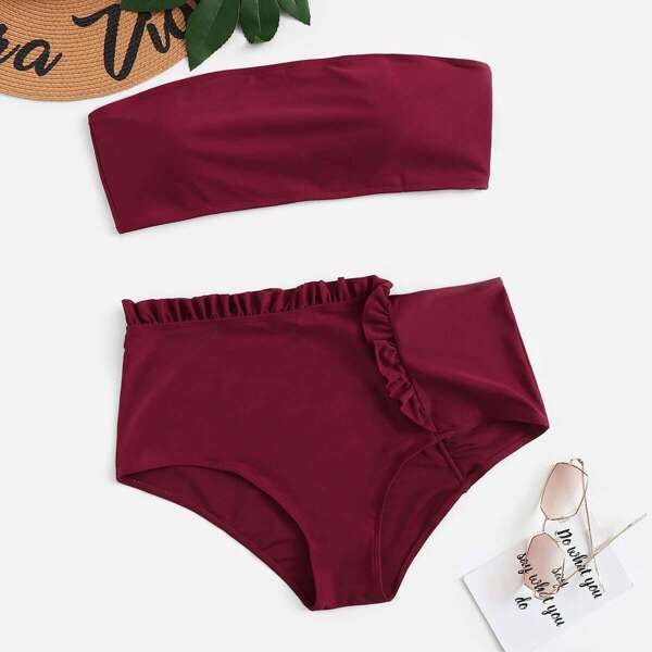 

Plus Bandeau With Frill Trim High Waist Bikini