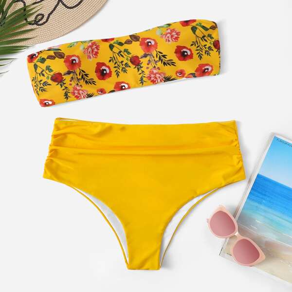 

Plus Floral Bandeau With Ruched Bikini Set