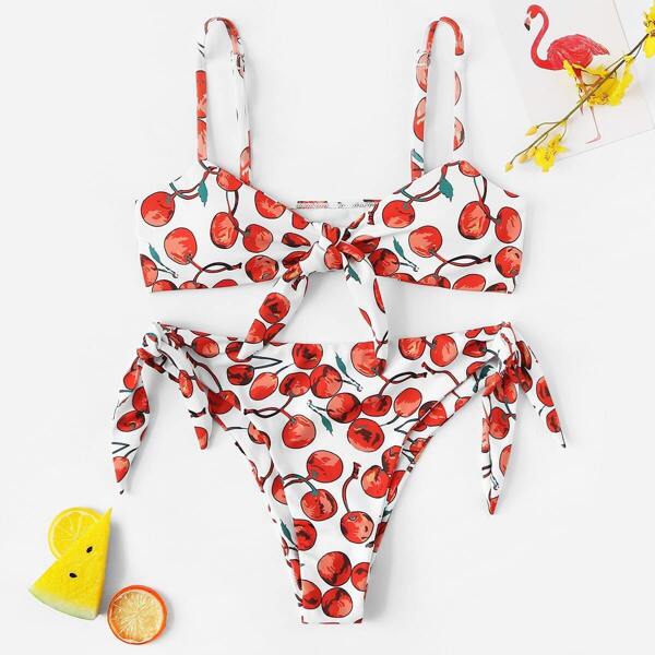 

Random Cherry Print Tie Side Bikini Set