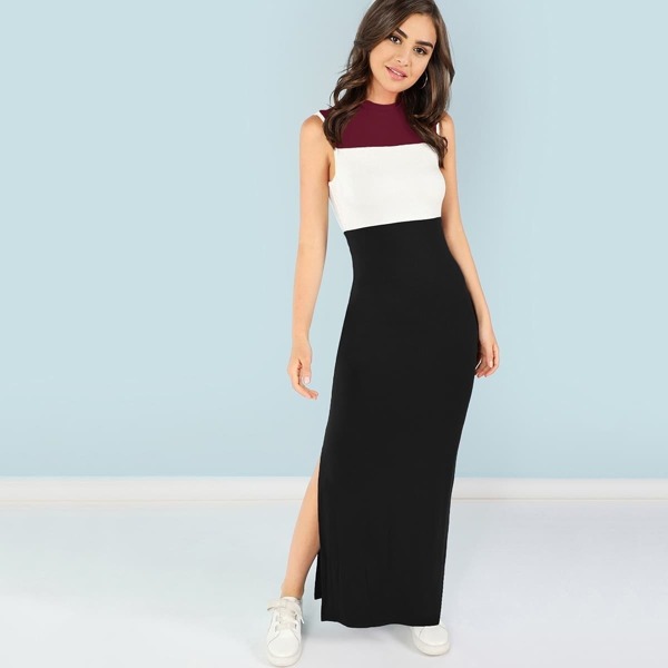

Side Split Color Block Dress, Multicolor