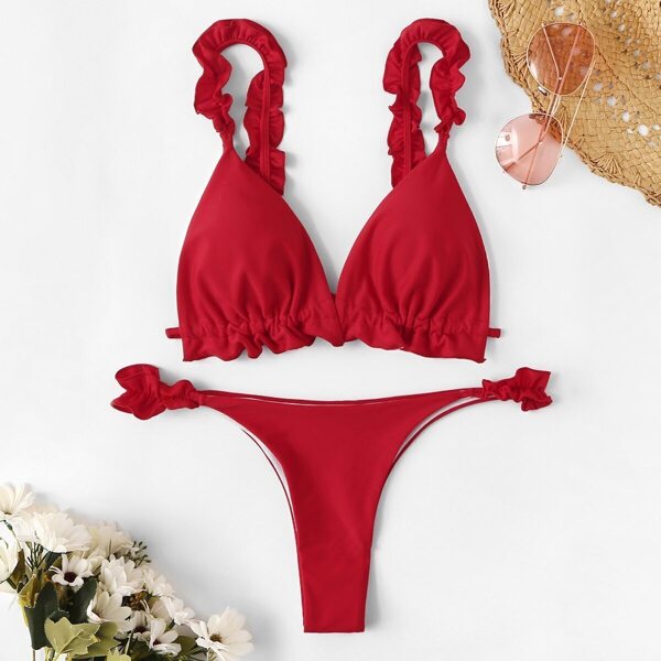 

Frill Trim Triangle Top With Tanga Bikini, Red