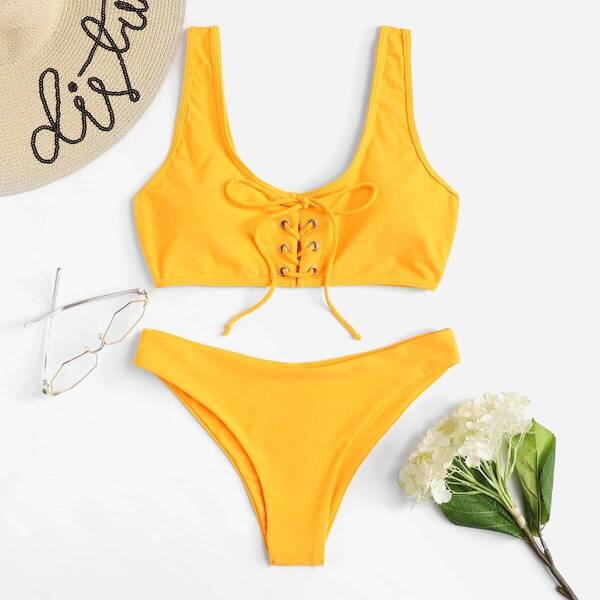 

Lace-up Scoop Neck Top With Panty Bikini, Yellow bright