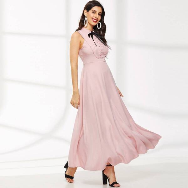 

Button Front Tie Neck Sleeveless Dress, Pink