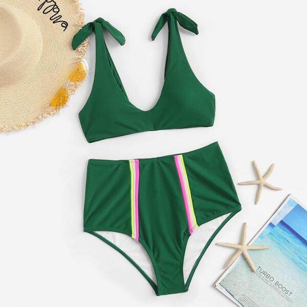 

Self Tie Top With Striped High Waist Bikini