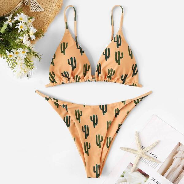 

Random Cactus Print Triangle Top With Cheeky Bikini