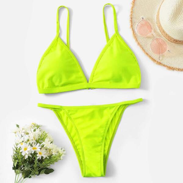 

Neon Lime Triangle Top With Tanga Bikini Set, Green bright