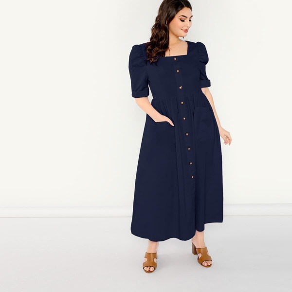 

Plus Pocket Front Button Square Neck Pleated Dress, Navy
