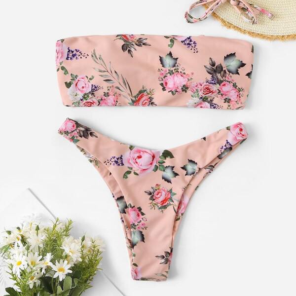 

Random Floral Lace-up Bandeau With High Cut Bikini