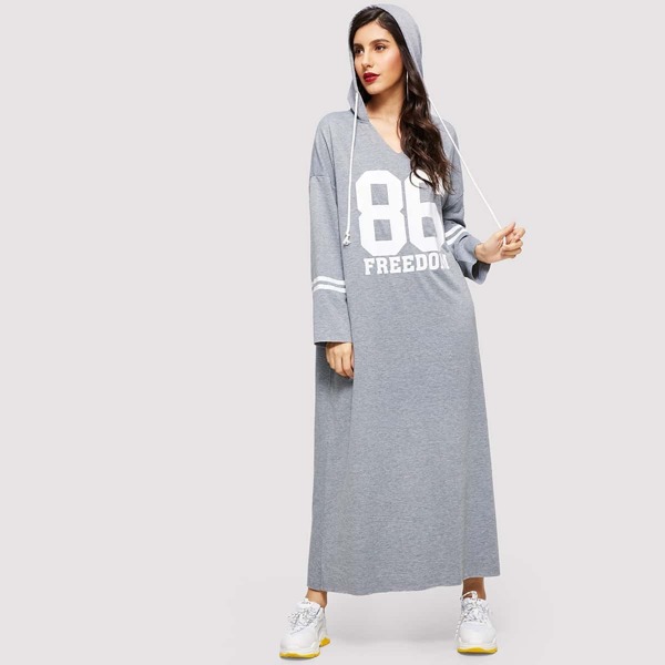 

Letter and Striped Heathered Knit Hoodie Dress