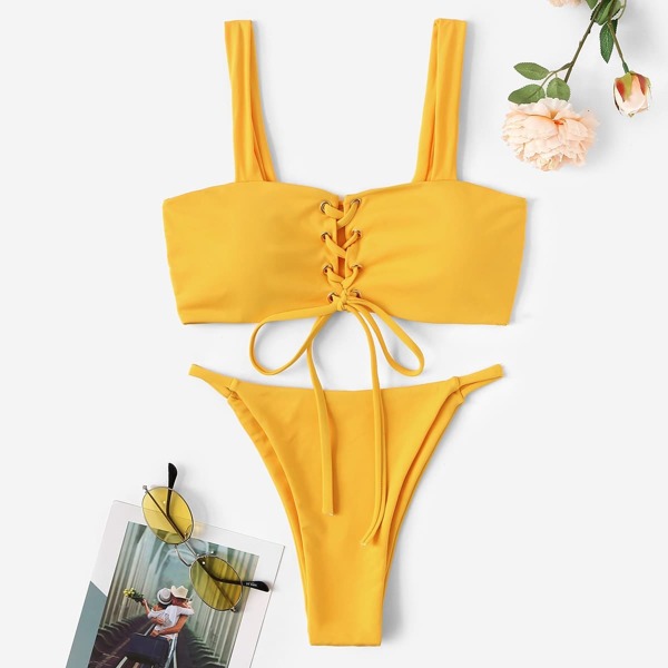 

Lace-up Top With Tanga Bikini Set
