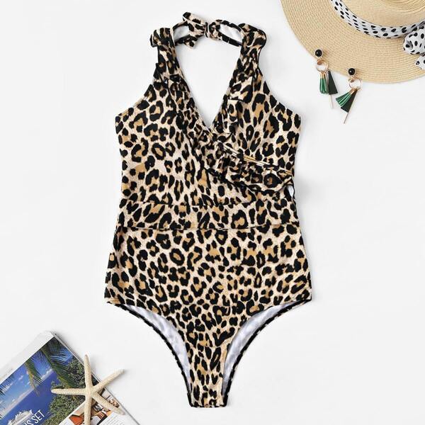 

Leopard Ruffle Halter One Piece Swimwear
