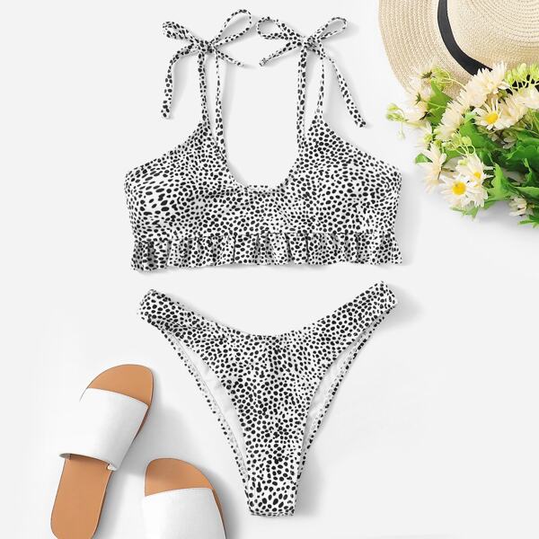 

Dalmatian Print Ruffle High Cut Bikini Swimsuit, Black and white