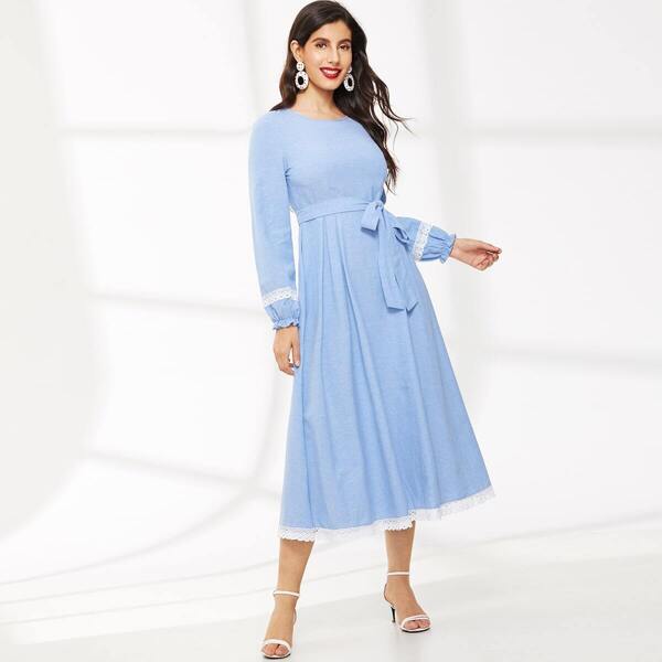 

Zip Back Lace Trim Belted Longline Dress, Blue