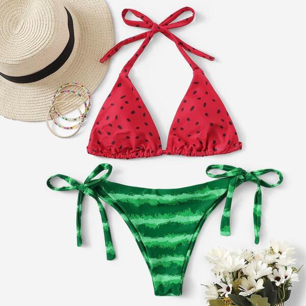 

Random Watermelon Print Triangle Top With Tie Side Bikini, Multicolor