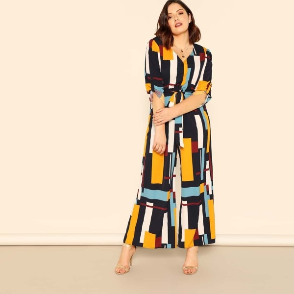 

Plus Tab Sleeve Belted Geo Shirt Jumpsuit, Multicolor