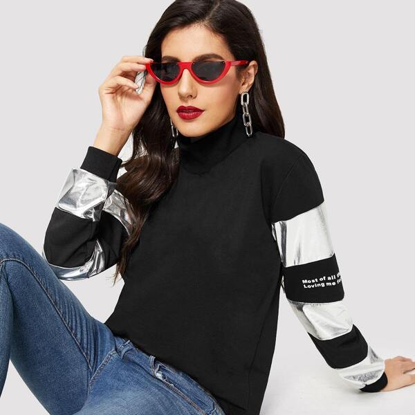 

High Neck Color Block Metallic Pullover