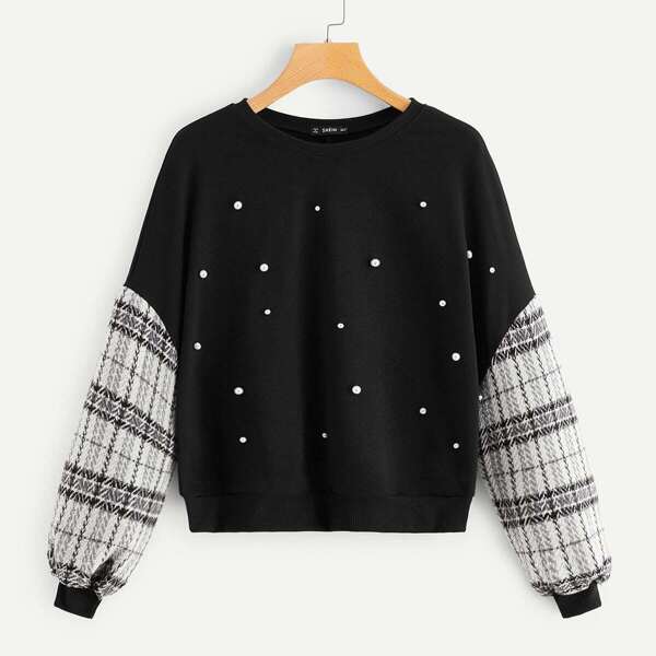 

Pearl Embroidered Contrast Sleeve Pullover