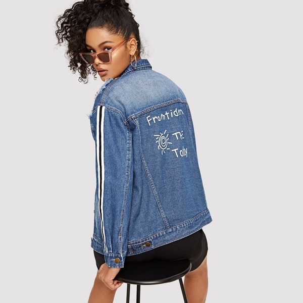 

Striped Sleeve Letter Print Destroyed Jacket