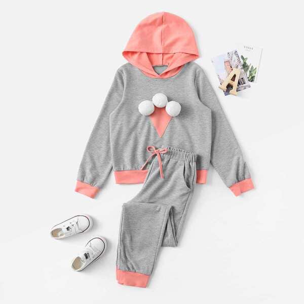 

Girls Color Block Pompom Embellished Hoodie & Pants Set