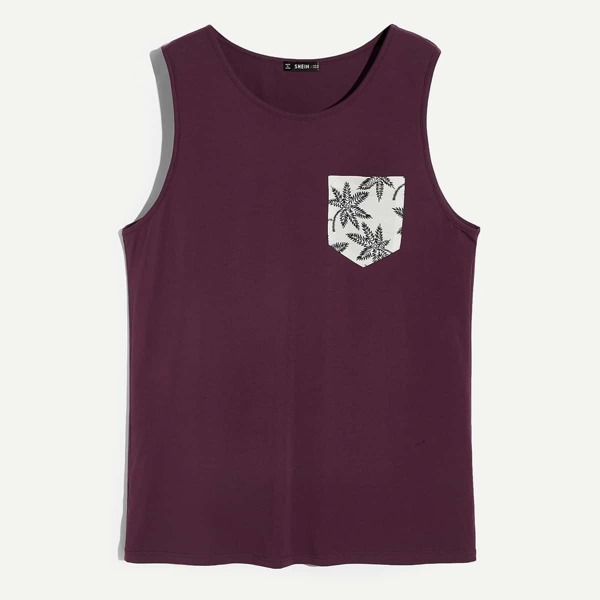 

Men Leaves Print Single Pocket Tank Top, Burgundy