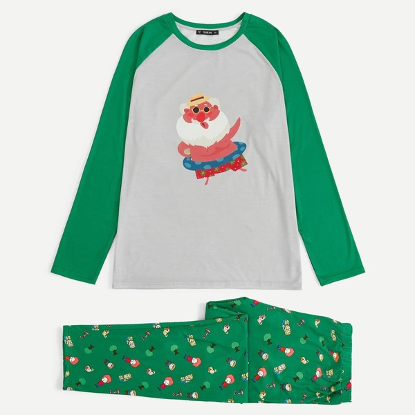 

Men Raglan Sleeve Cartoon Print Top & Pants PJ Set