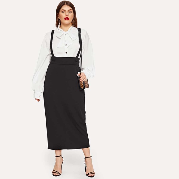 

Plus Wide Waist Pencil Skirt With Strap, Black